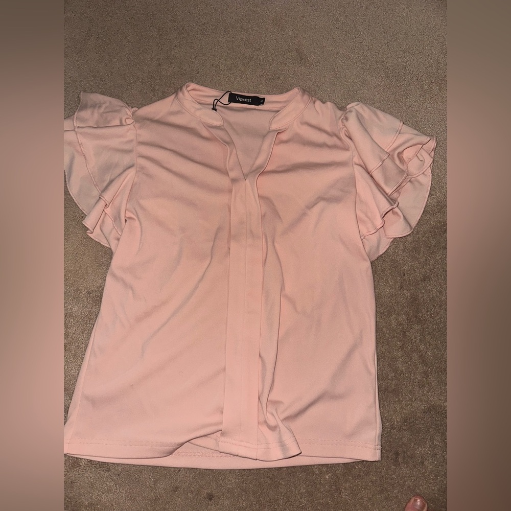 Chic Light Pink Ruffle Sleeve Blouse